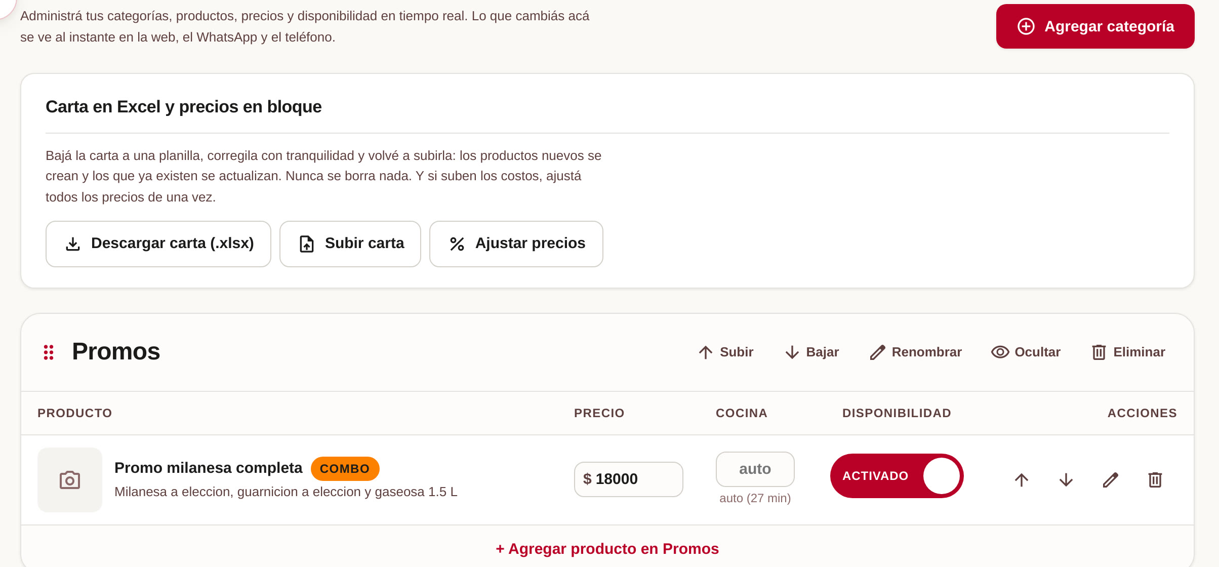 La carta en el panel: carta en planilla, ajuste de precios en bloque y un combo con su precio y disponibilidad